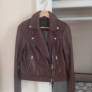 All Saints Women's Burgundy Leather Biker Jacket with Quilted Shoulders